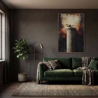 Moth On Fluted Column Gothic wall art in a moody dark academia room – pale moth with spread wings on a cracked fluted