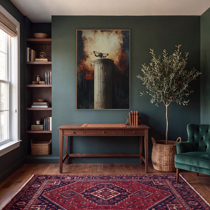 Moth On Fluted Column Gothic wall art in a moody dark academia room – pale moth with spread wings on a cracked fluted