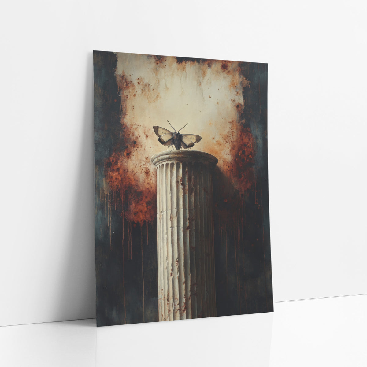 Moth On Fluted Column Gothic art print leaning against a white wall – pale moth with spread wings on a cracked fluted column