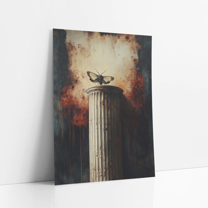 Moth On Fluted Column Gothic art print leaning against a white wall – pale moth with spread wings on a cracked fluted column