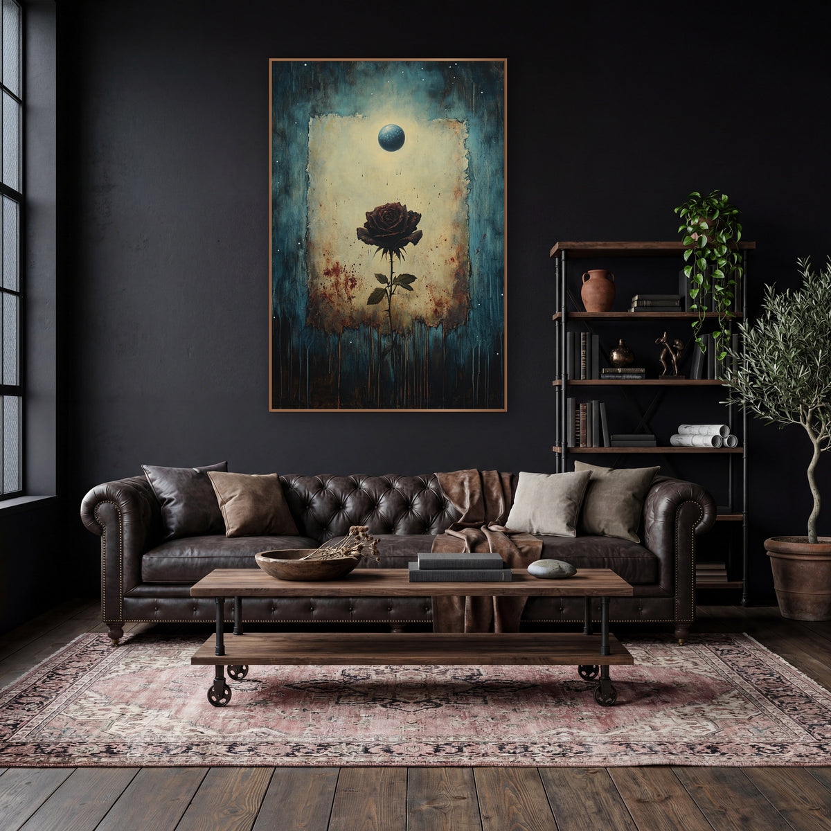 Dark Rose Under Blue Orb Gothic wall art in a moody dark academia room – dark burgundy rose on a thorny stem in a torn