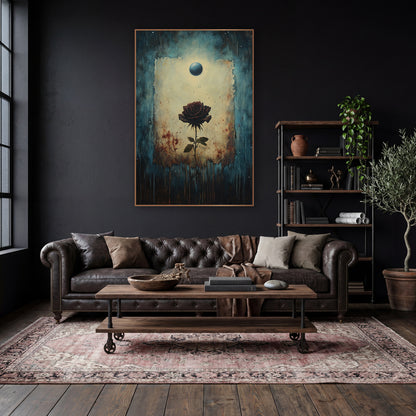 Dark Rose Under Blue Orb Gothic wall art in a moody dark academia room – dark burgundy rose on a thorny stem in a torn
