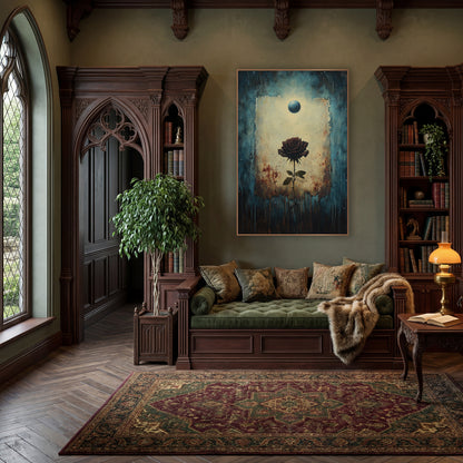 Dark Rose Under Blue Orb Gothic wall art in a moody dark academia room – dark burgundy rose on a thorny stem in a torn