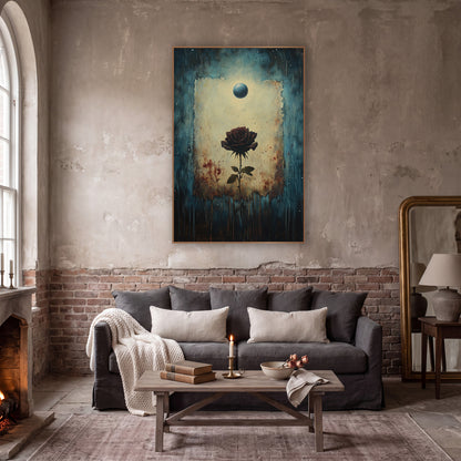 Dark Rose Under Blue Orb Gothic wall art in a moody dark academia room – dark burgundy rose on a thorny stem in a torn
