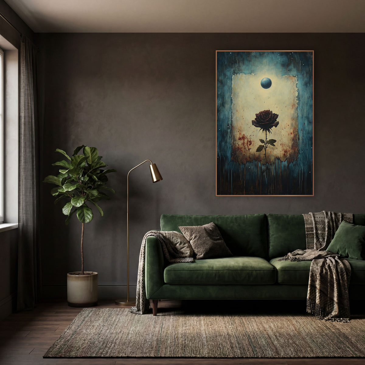 Dark Rose Under Blue Orb Gothic wall art in a moody dark academia room – dark burgundy rose on a thorny stem in a torn
