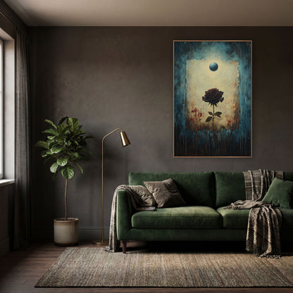 Dark Rose Under Blue Orb Gothic wall art in a moody dark academia room – dark burgundy rose on a thorny stem in a torn