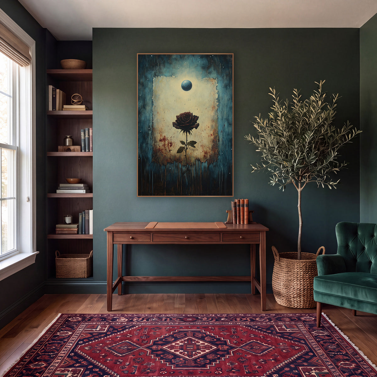 Dark Rose Under Blue Orb Gothic wall art in a moody dark academia room – dark burgundy rose on a thorny stem in a torn