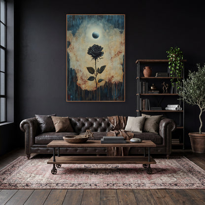 Black Rose Under Pale Moon Gothic wall art in a moody dark academia room – black rose on a thorny stem beneath