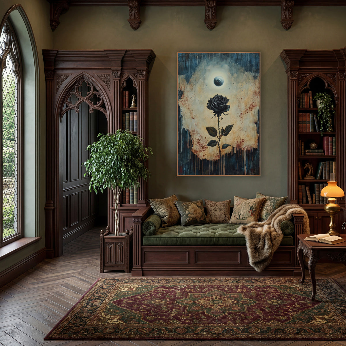 Black Rose Under Pale Moon Gothic wall art in a moody dark academia room – black rose on a thorny stem beneath