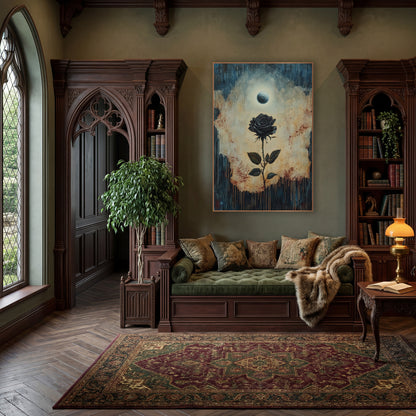 Black Rose Under Pale Moon Gothic wall art in a moody dark academia room – black rose on a thorny stem beneath