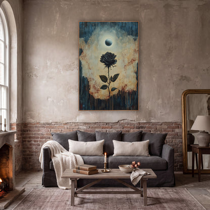 Black Rose Under Pale Moon Gothic wall art in a moody dark academia room – black rose on a thorny stem beneath