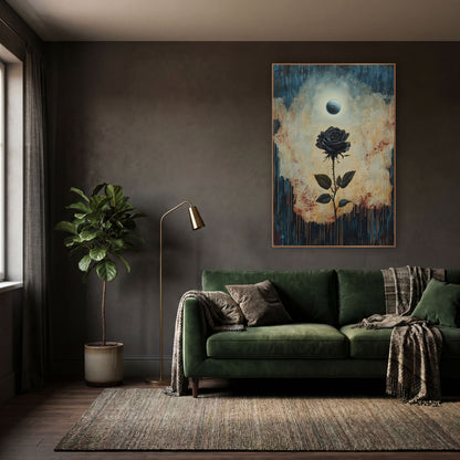 Black Rose Under Pale Moon Gothic wall art in a moody dark academia room – black rose on a thorny stem beneath