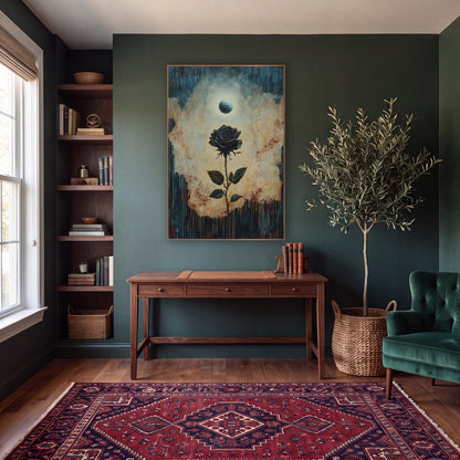 Black Rose Under Pale Moon Gothic wall art in a moody dark academia room – black rose on a thorny stem beneath