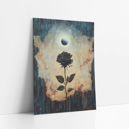 Black Rose Under Pale Moon Gothic art print leaning against a white wall – black rose on a thorny stem beneath a glowing pale