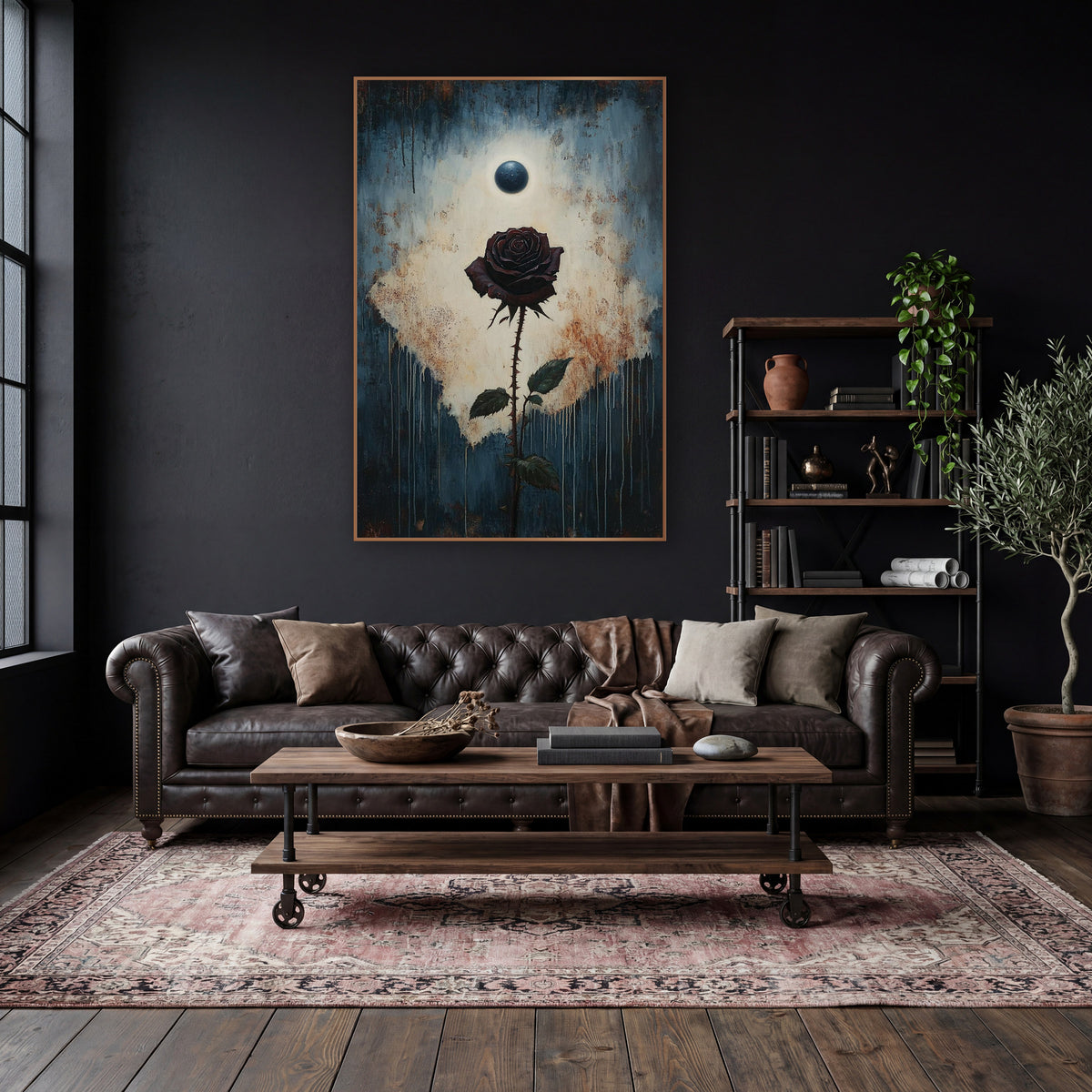 Dark Rose Eclipse Gothic Botanical wall art in a moody dark academia room – dark burgundy rose on a thorny stem below