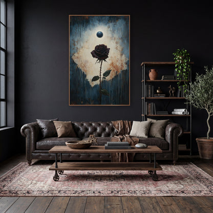 Dark Rose Eclipse Gothic Botanical wall art in a moody dark academia room – dark burgundy rose on a thorny stem below