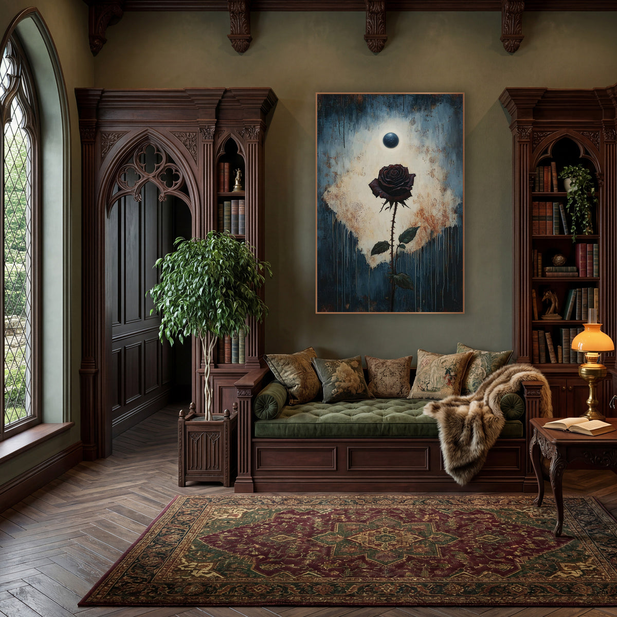 Dark Rose Eclipse Gothic Botanical wall art in a moody dark academia room – dark burgundy rose on a thorny stem below