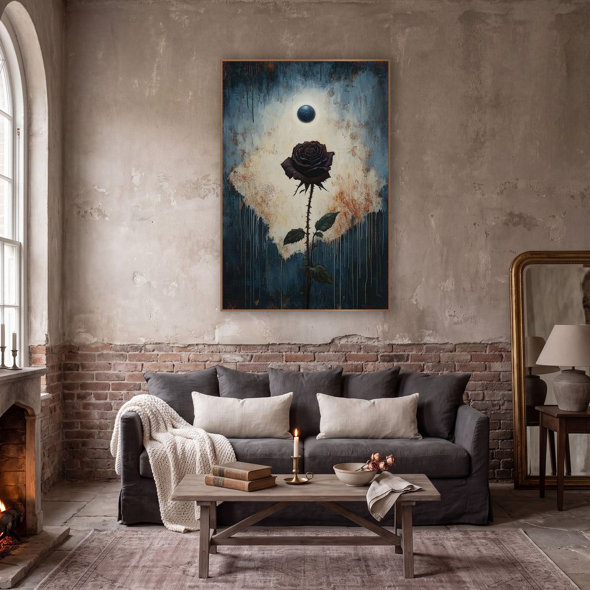 Dark Rose Eclipse Gothic Botanical wall art in a moody dark academia room – dark burgundy rose on a thorny stem below