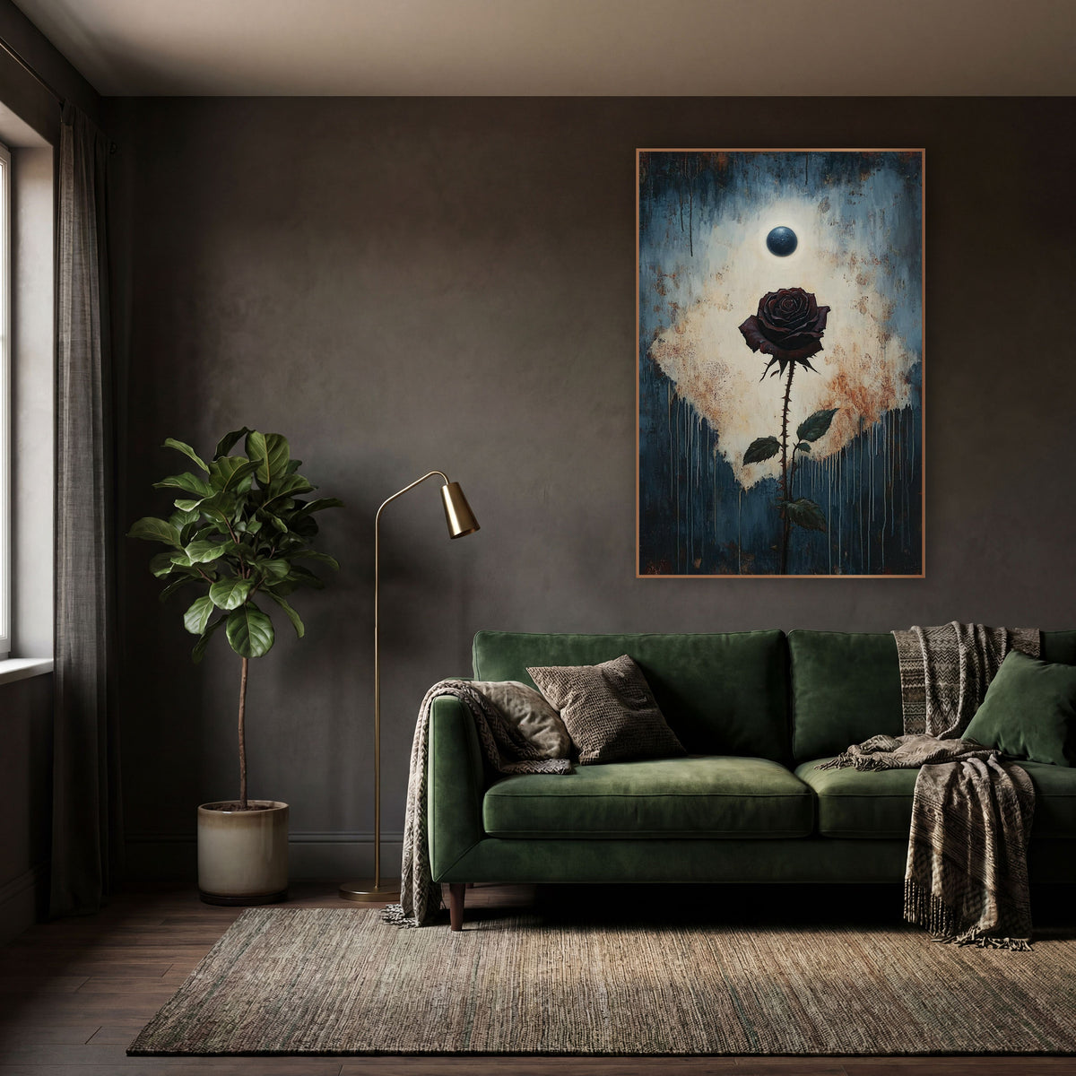 Dark Rose Eclipse Gothic Botanical wall art in a moody dark academia room – dark burgundy rose on a thorny stem below