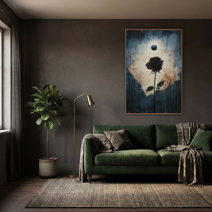 Dark Rose Eclipse Gothic Botanical wall art in a moody dark academia room – dark burgundy rose on a thorny stem below