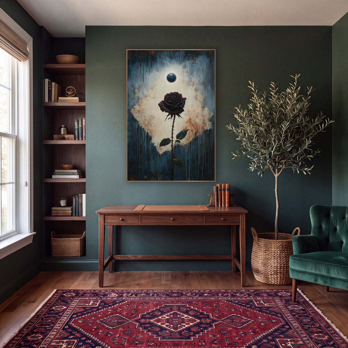 Dark Rose Eclipse Gothic Botanical wall art in a moody dark academia room – dark burgundy rose on a thorny stem below