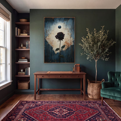 Dark Rose Eclipse Gothic Botanical wall art in a moody dark academia room – dark burgundy rose on a thorny stem below