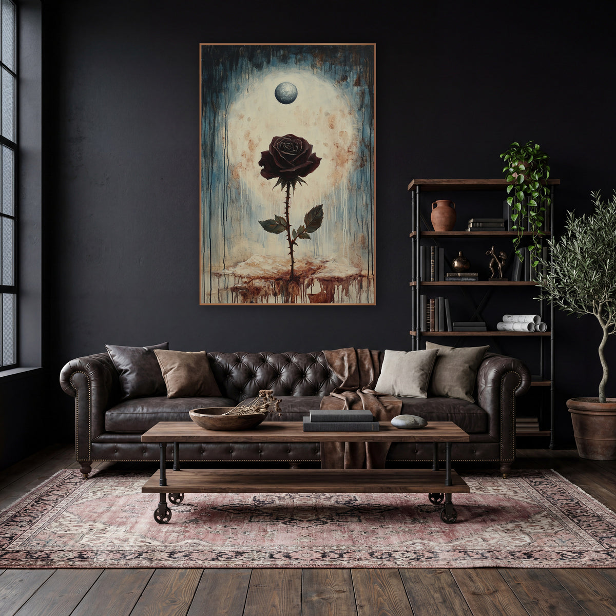 Dark Burgundy Rose Gothic Botanical wall art in a moody dark academia room – dark burgundy rose on a thorny stem