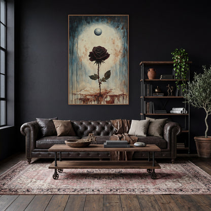 Dark Burgundy Rose Gothic Botanical wall art in a moody dark academia room – dark burgundy rose on a thorny stem