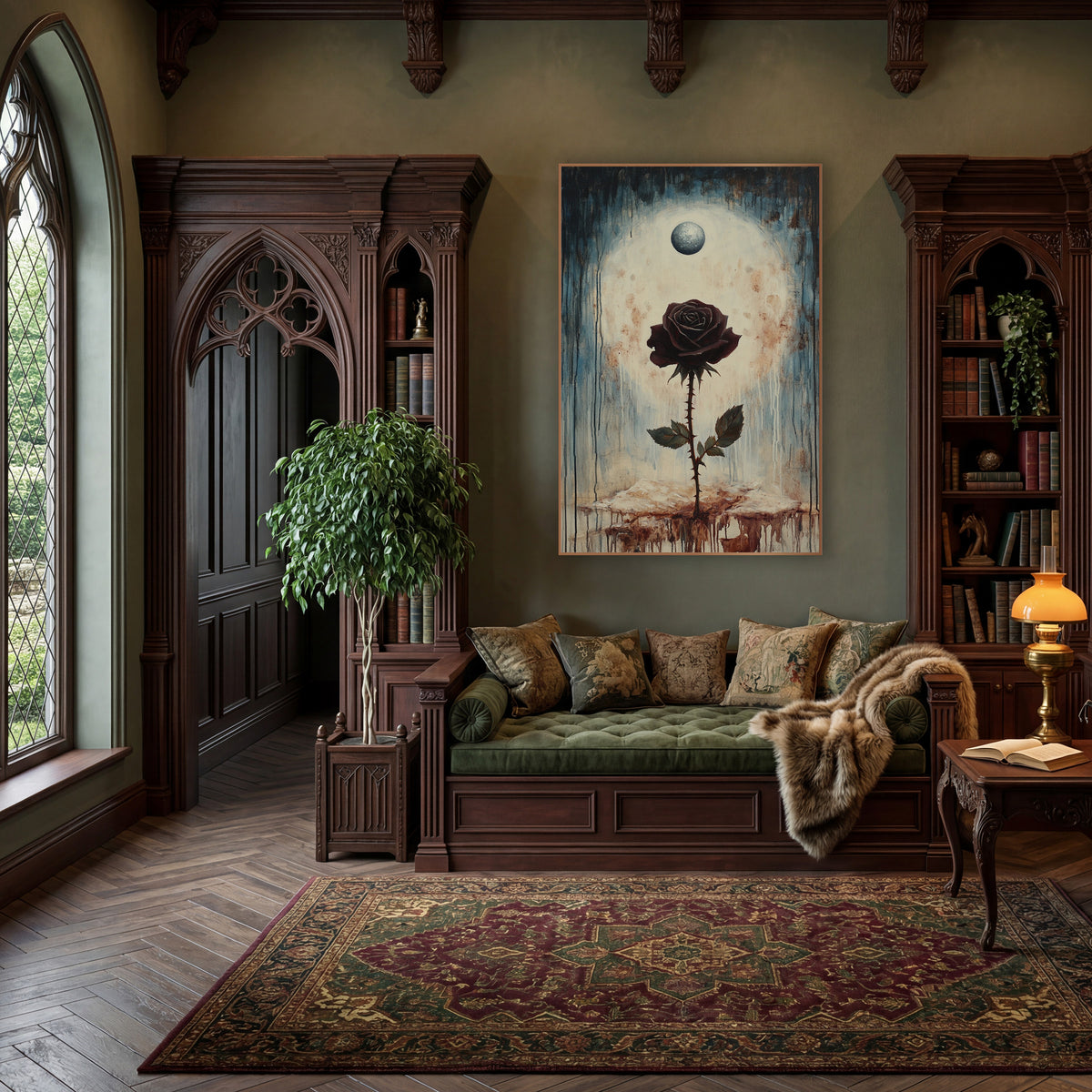 Dark Burgundy Rose Gothic Botanical wall art in a moody dark academia room – dark burgundy rose on a thorny stem