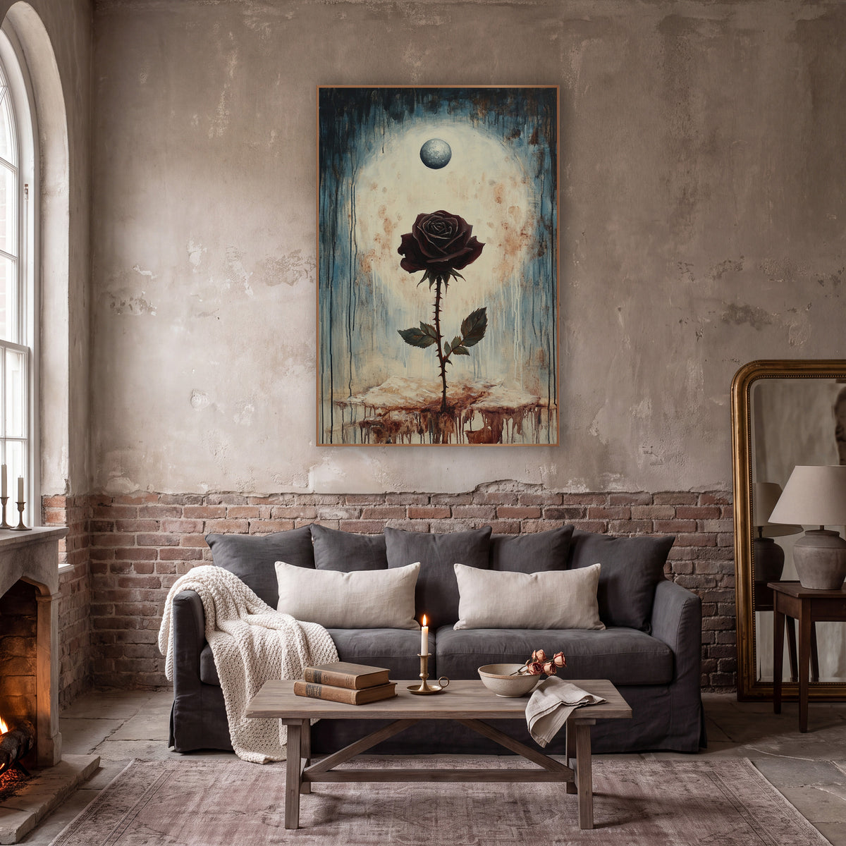 Dark Burgundy Rose Gothic Botanical wall art in a moody dark academia room – dark burgundy rose on a thorny stem