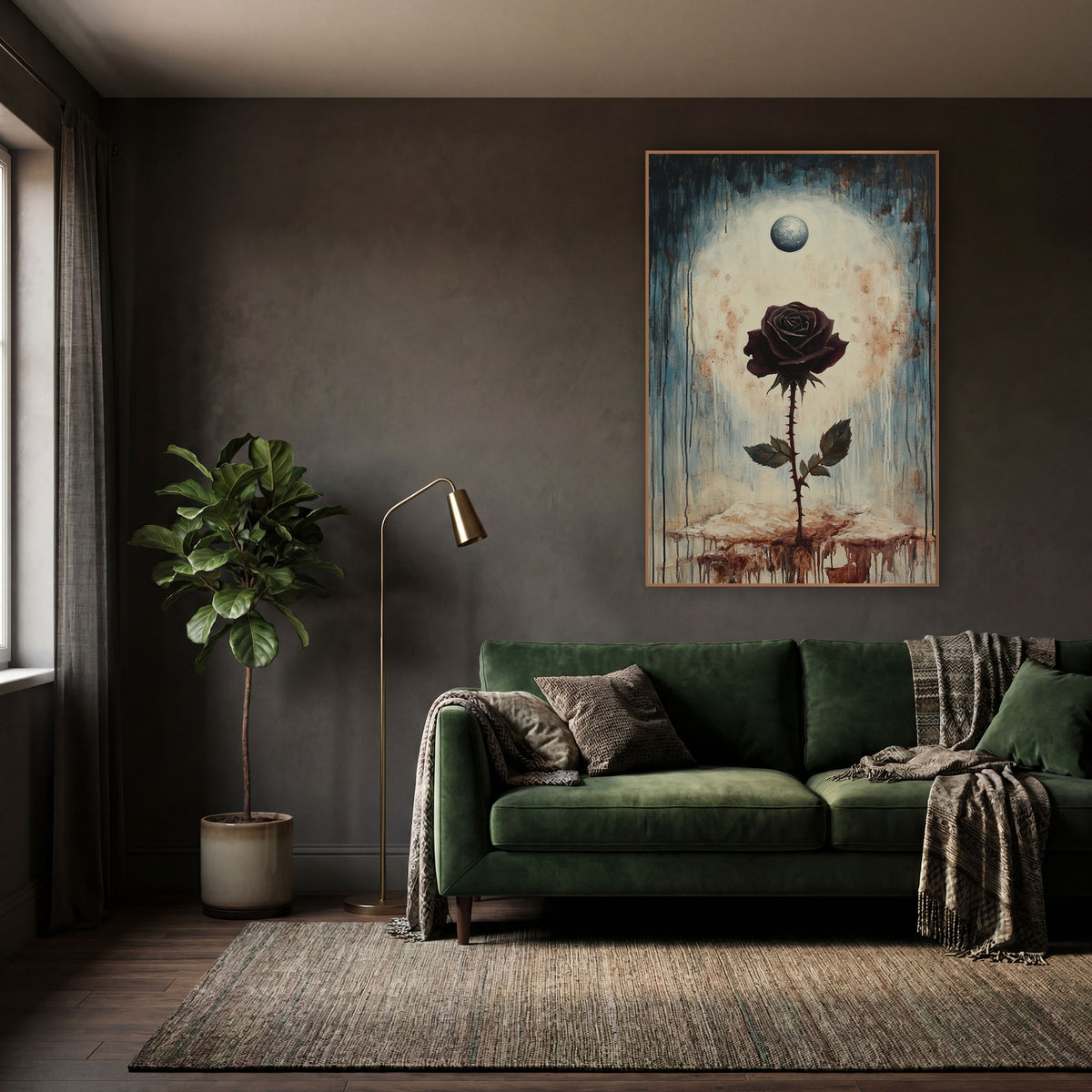Dark Burgundy Rose Gothic Botanical wall art in a moody dark academia room – dark burgundy rose on a thorny stem
