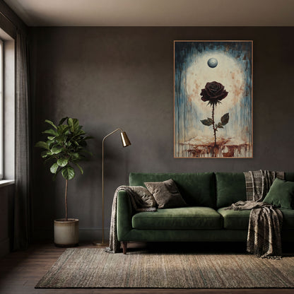 Dark Burgundy Rose Gothic Botanical wall art in a moody dark academia room – dark burgundy rose on a thorny stem