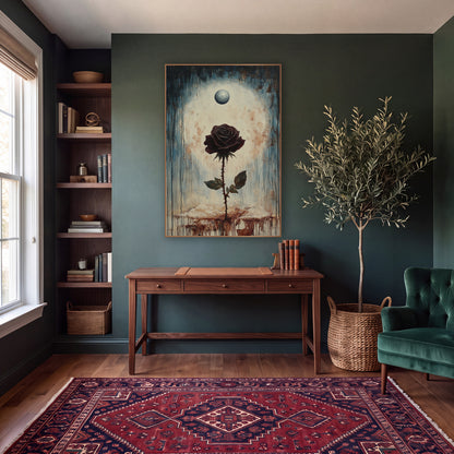 Dark Burgundy Rose Gothic Botanical wall art in a moody dark academia room – dark burgundy rose on a thorny stem