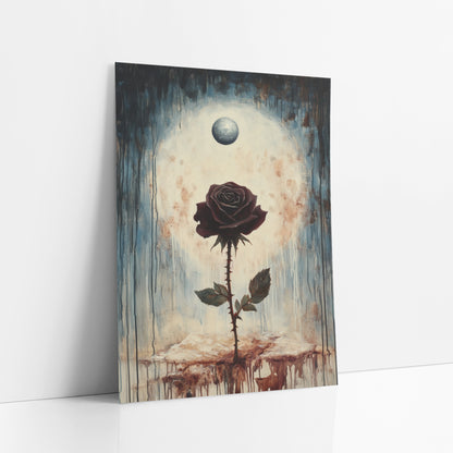 Dark Burgundy Rose Gothic Botanical art print leaning against a white wall – dark burgundy rose on a thorny stem beneath