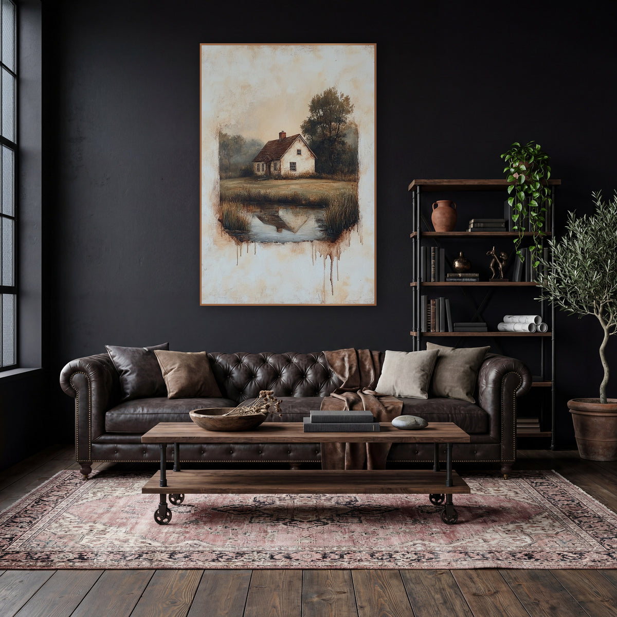 Faded Cottage Meadow Pond Vintage wall art in a moody dark academia room – cream country cottage with red roof