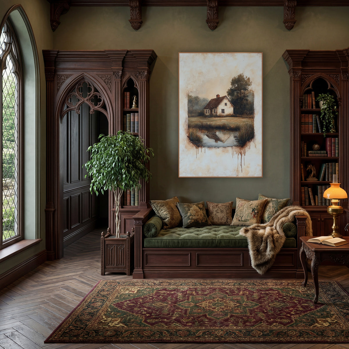 Faded Cottage Meadow Pond Vintage wall art in a moody dark academia room – cream country cottage with red roof