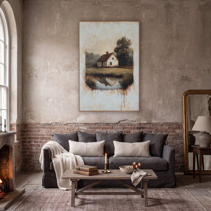 Faded Cottage Meadow Pond Vintage wall art in a moody dark academia room – cream country cottage with red roof