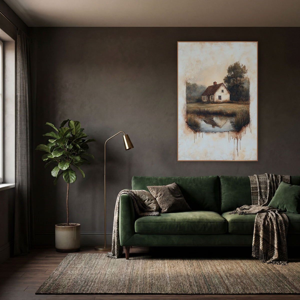 Faded Cottage Meadow Pond Vintage wall art in a moody dark academia room – cream country cottage with red roof