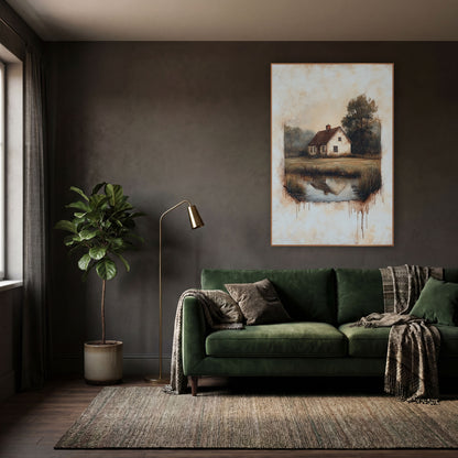 Faded Cottage Meadow Pond Vintage wall art in a moody dark academia room – cream country cottage with red roof