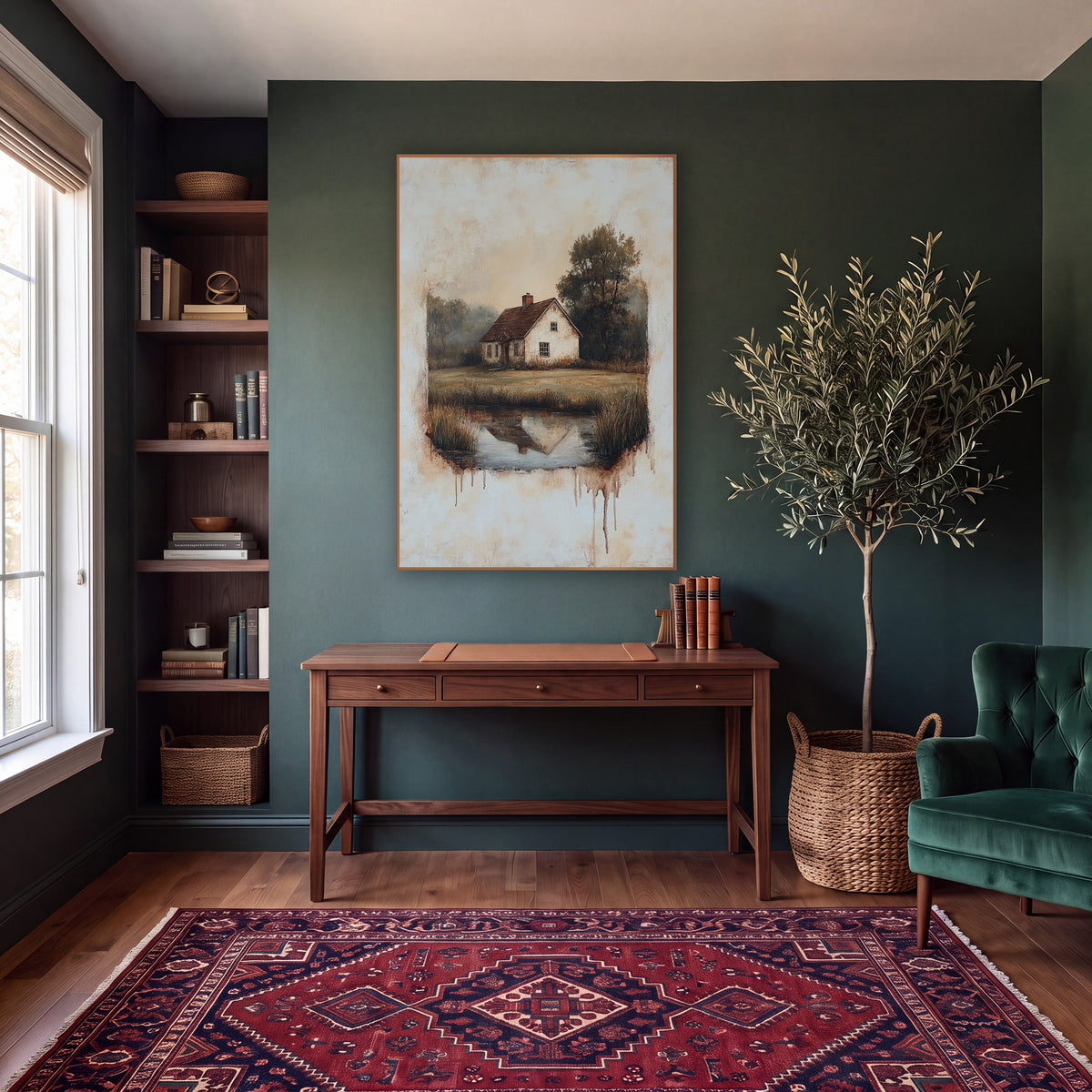 Faded Cottage Meadow Pond Vintage wall art in a moody dark academia room – cream country cottage with red roof