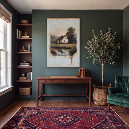 Faded Cottage Meadow Pond Vintage wall art in a moody dark academia room – cream country cottage with red roof