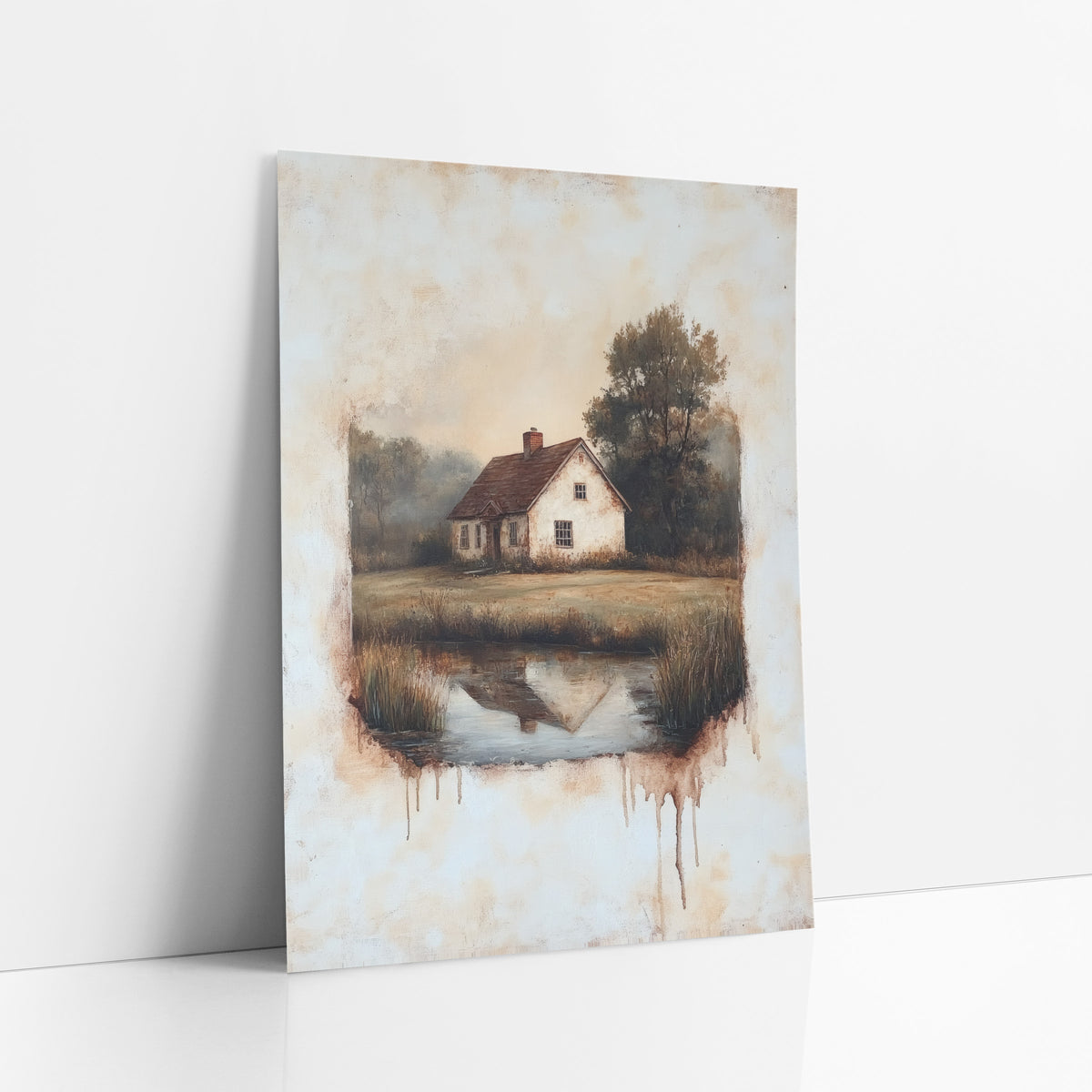 Faded Cottage Meadow Pond Vintage art print leaning against a white wall – cream country cottage with red roof beside a still