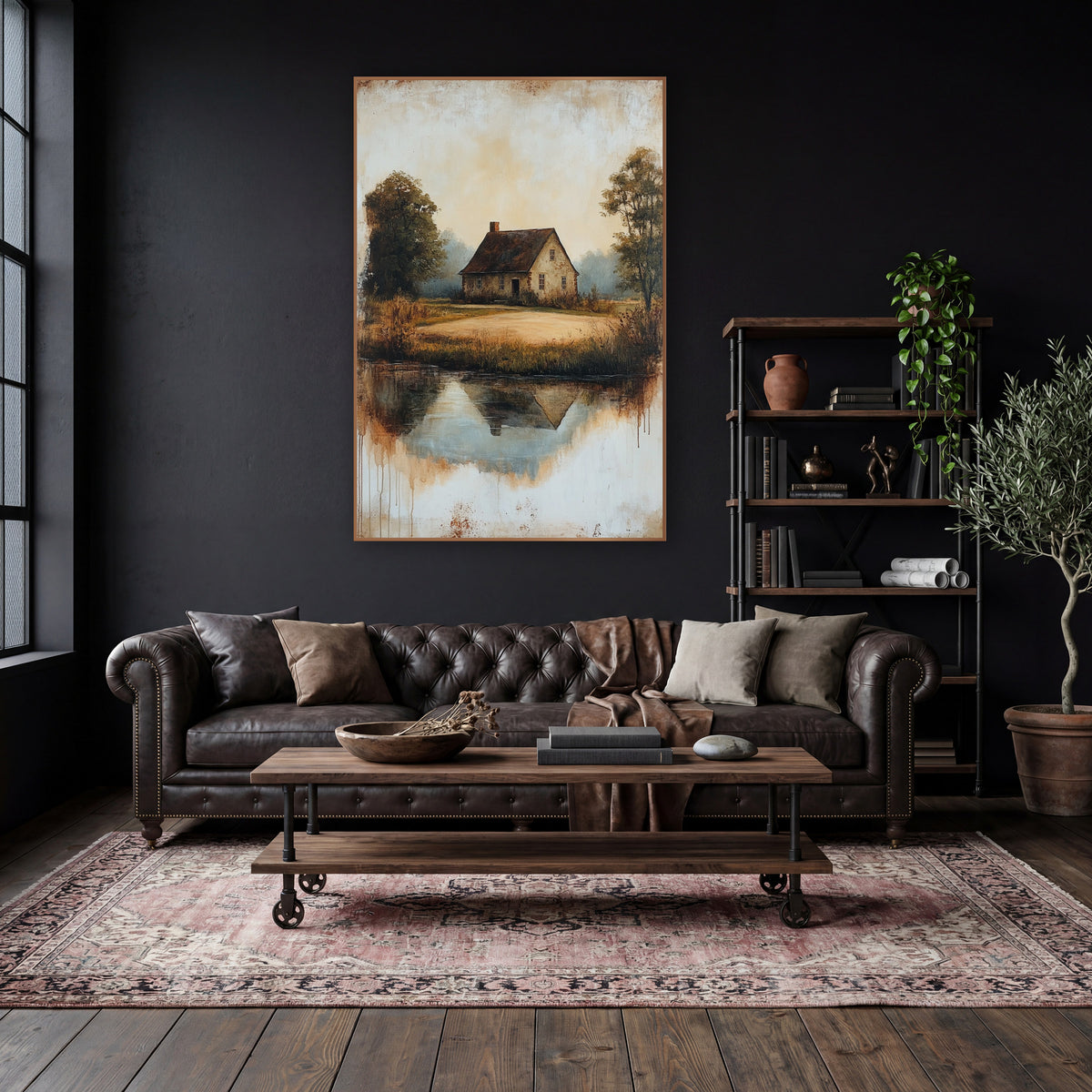 Cottage Mirrored Pond Rustic wall art in a moody dark academia room – country cottage with dark roof beside a still