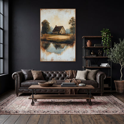 Cottage Mirrored Pond Rustic wall art in a moody dark academia room – country cottage with dark roof beside a still