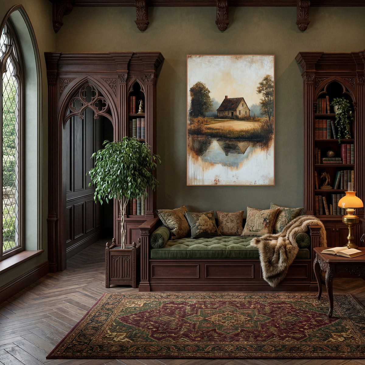 Cottage Mirrored Pond Rustic wall art in a moody dark academia room – country cottage with dark roof beside a still