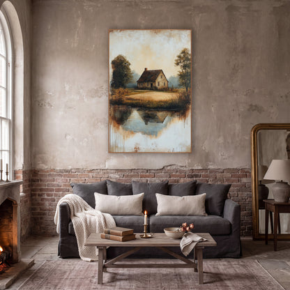 Cottage Mirrored Pond Rustic wall art in a moody dark academia room – country cottage with dark roof beside a still