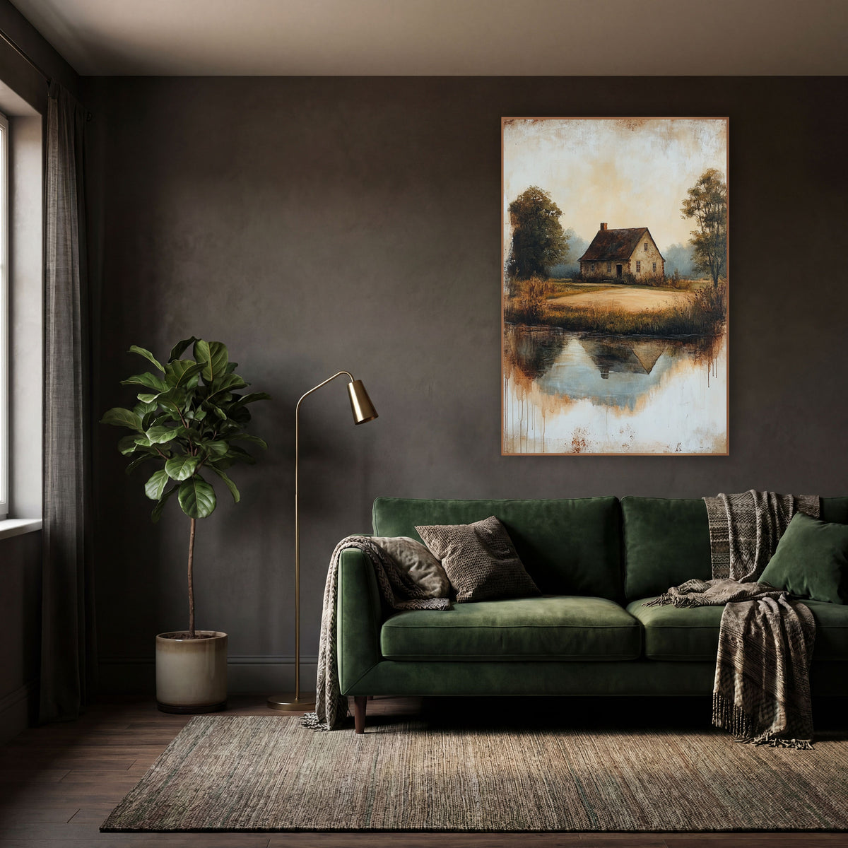Cottage Mirrored Pond Rustic wall art in a moody dark academia room – country cottage with dark roof beside a still