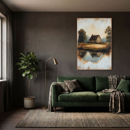 Cottage Mirrored Pond Rustic wall art in a moody dark academia room – country cottage with dark roof beside a still