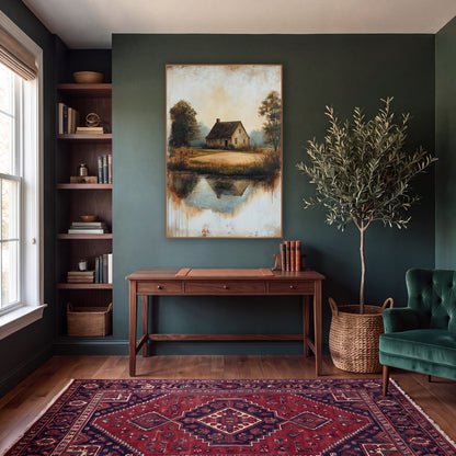 Cottage Mirrored Pond Rustic wall art in a moody dark academia room – country cottage with dark roof beside a still