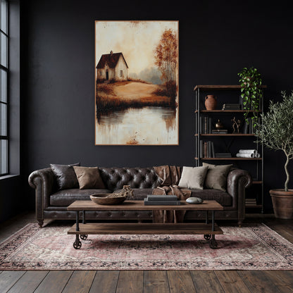Hilltop Cottage Autumn Rustic wall art in a moody dark academia room – small cottage with dark red roof on a sandy